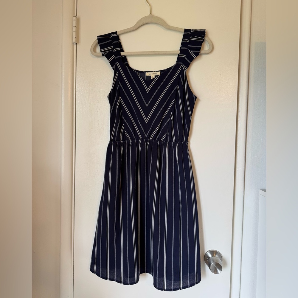 Monteau Navy and White Striped Midi Dress